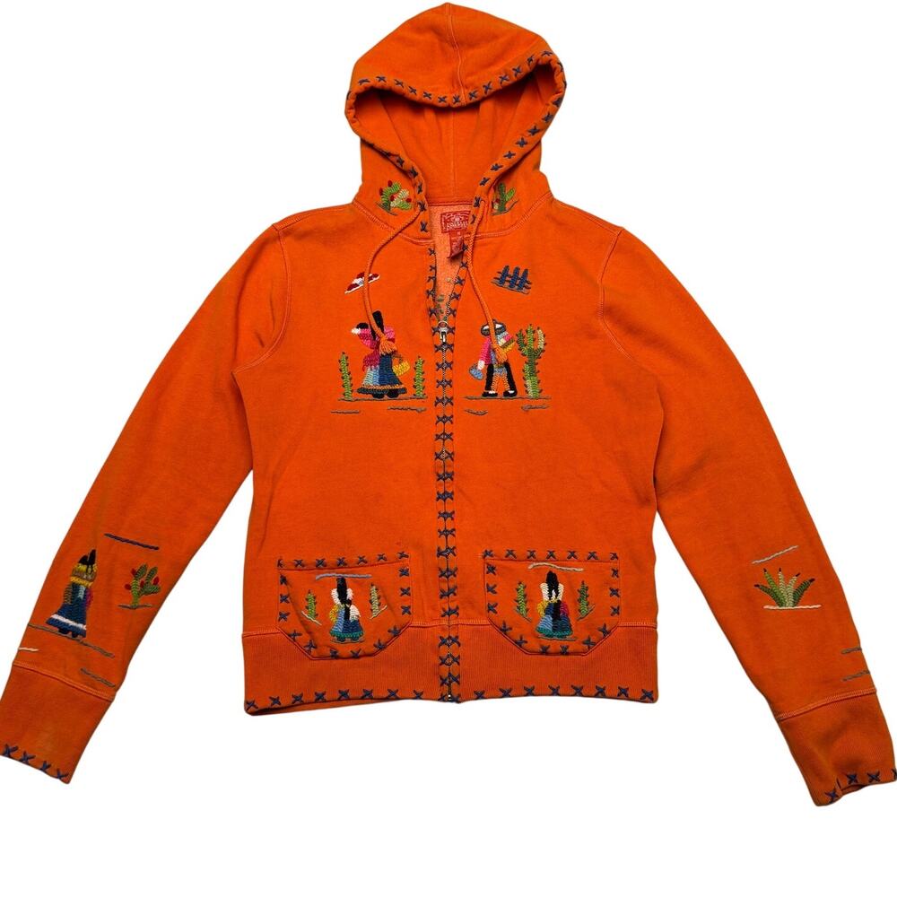 Vintage Y2K Lucky Brand Embroidered Hoodie Southwestern Folk Art Womens Medium